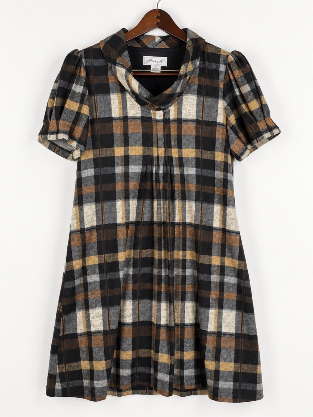 Jessica H Plaid Cowl Neck Puff Sleeve A-Line Dress Brown Black L